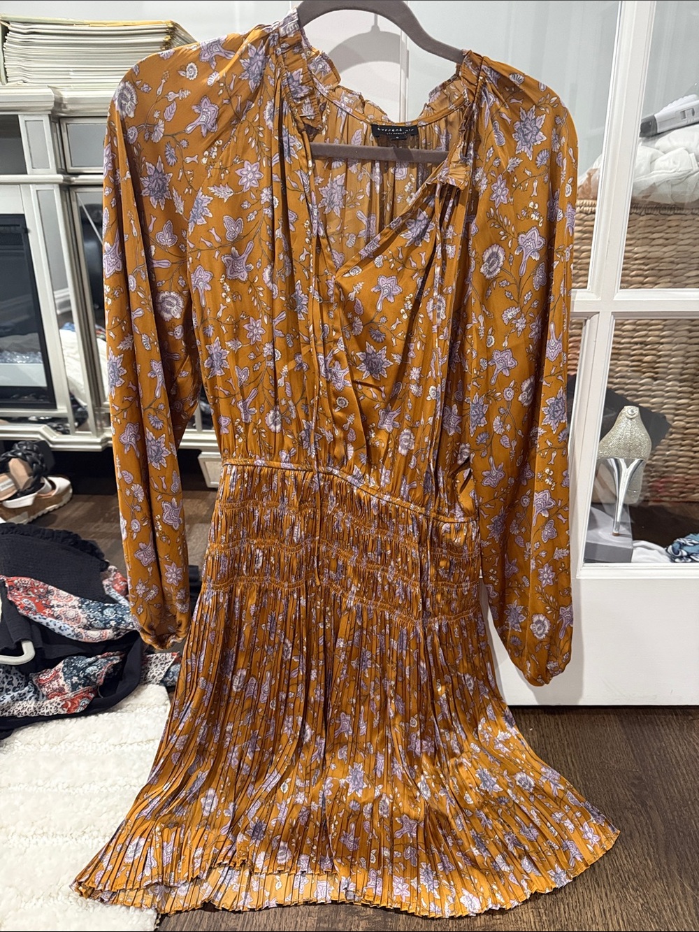 Current Air Mustard Floral Long-Sleeve Pleated Dress
